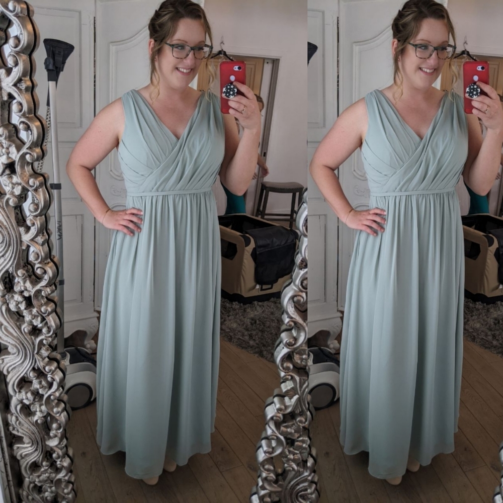 Pale green lace back bridesmaids dress